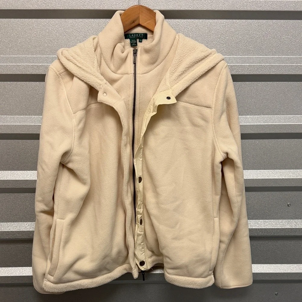 Ralph Lauren Womens Cream Sherpa Fleece Winter Hooded Jacket OUTDOOR XL WARM‎
